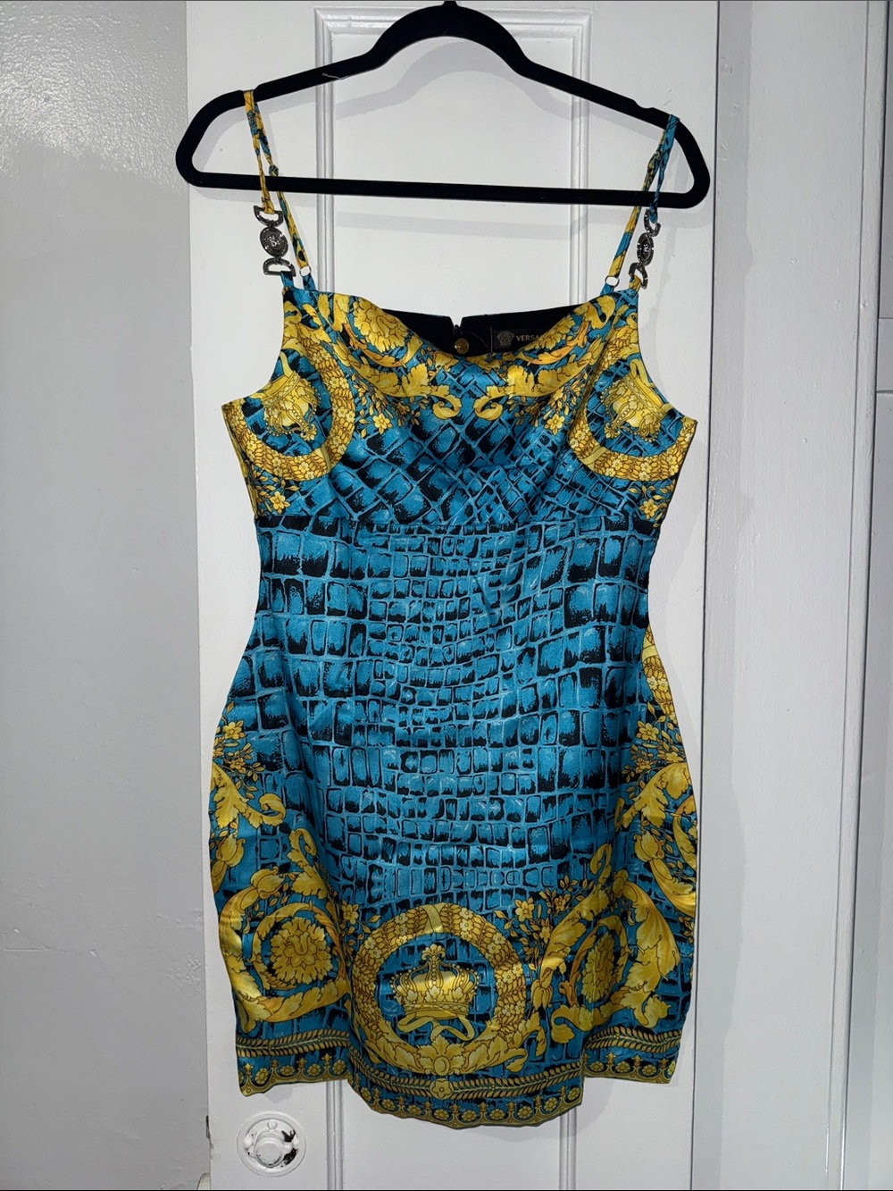 Versace Turquoise & Gold Baroque Mini Slip Dress